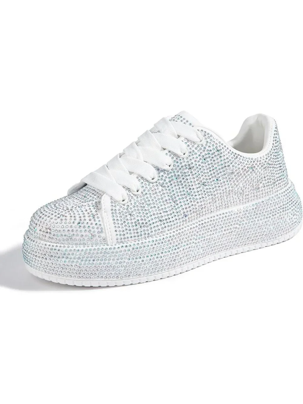 🆕Women's White Sparkly Glitter Bling Tennis Rhinestone Platform Sneakers